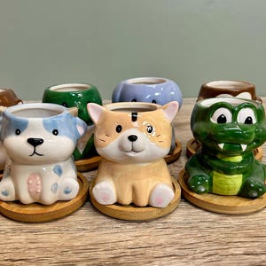 Cute Animal Succulent Planters WITH Bamboo Coaster / Small Ceramic Desktop Plant Pot / Indoor Office Home Decoration / New Home Gift Idea
