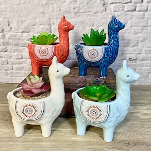 May include: Four ceramic llama planters in different colours, each with a succulent plant inside. The planters have a geometric design and are perfect for adding a touch of whimsy to your home decor.