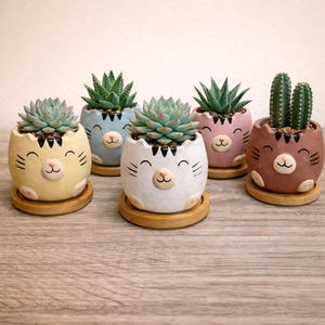 Cute Animal Succulent Planters WITH Bamboo Coaster / Small Desktop Plant Pot / Indoor Office Home Decoration / Gift Idea New Home