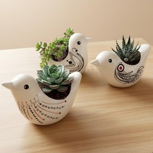 Ceramic White Bird Succulent Plant Pots / Small Desktop Plant Pot / Indoor Office Home Decor / Cute Animal Planters House Warming Gift