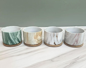 Round Ceramic Marble Effect Succulent Planters WITH Bamboo Coaster / Small Desktop Plant Pot / Indoor Office Home Decor / Modern Home New