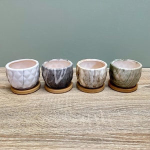 Ceramic Marble Effect Pineapple Style Succulent Planters WITH Bamboo Coaster / Small Desktop Plant Pot / Indoor Office Home / Gift Idea