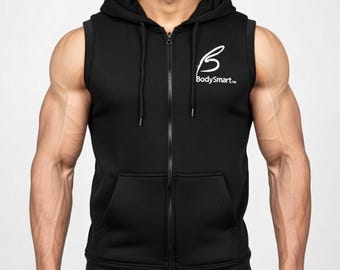 BodySmart Sleeveless Zip-Up Fleece Hoodie Jacket, Gym Training & Casual Wear - Black