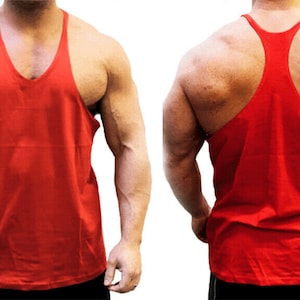 May include: A red tank top with a deep V-neck design. The image shows the front and back of the tank top. The tank top is sleeveless and made of a smooth fabric, suitable for workouts or casual wear.