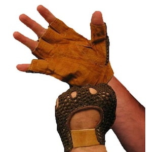 May include: A pair of fingerless gloves. One glove is made of brown leather, with cut-out finger holes. The other glove is a dark brown crocheted design with a leather strap. The gloves are designed for protection and grip.