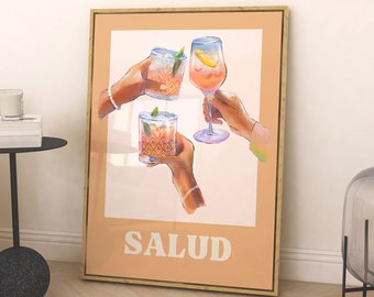 Cheers Wall Art, Salud Print, Carteles de cócteles, Arte de pared retro, Arte de pared de cocina, Decoración de pared de carrito de bar, Impresión de arte de cóctel, ARTE DE PARED DIGITAL