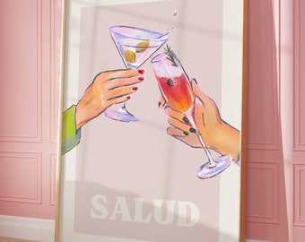 Cheers Wall Art, Salud Print, Carteles de cócteles, Arte de pared retro, Arte de pared de cocina, Decoración de pared de carrito de bar, Impresión de arte de cóctel, ARTE DE PARED DIGITAL