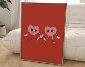 May include: Two pink cartoon hearts with eyes and legs holding hands on a red background.
