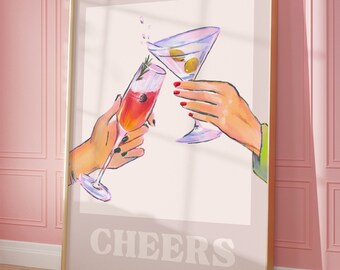 Cheers Wall Art, Salud Print, Carteles de cócteles, Arte de pared retro, Arte de pared de cocina, Decoración de pared de carrito de bar, Impresión de arte de cóctel, ARTE DE PARED DIGITAL
