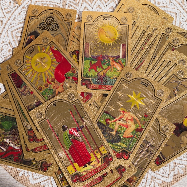 Gold Foil Tarot Deck, Love Tarot Reading, Vintage Witch Tarot Gold Deck, 78 Tarot Cards Minor Major Arcana, Oracle Card Deck with Guidebook