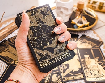 Black Gold Tarot Card, Crystal Tarot Deck 78, Gift Tarot with Guidebook, Future Telling, Divination Deck, Oracle Card Deck, Handmade Tarot