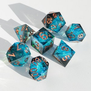Crystal Galaxy Dice, Blue Violet Dice Set in Metal Case, dice set, Dice Set, Polyhedral Dice Set, Sharp edge dice, Role Playing Games image 1