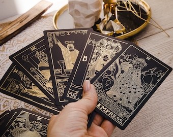 Personalized Black Tarot Deck, 78 Card Classic Tarot Cards with Guidebook, Gold Foil Divination Deck, Spiritual Gift Set