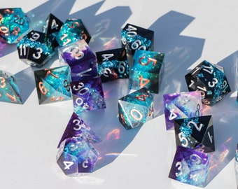 Blue Dice Set, Black Sharp Edge Dice Set in Box, Cute Dice Set, Crystal Polyhedral Dice Set, Purple Dice Set, Handmade Dice RPG Gift for Him