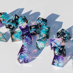 Blue Dice Set Purple and Black Sharp Edge Dice in Box, Luxury Galaxy Dice Set, Sharp Edge Resin Dice, Sparkly Epoxy Dice
