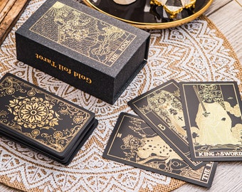 Black Magic Tarot Deck in Box, Tarot Deck Dark Gold 78 Cards, Beginner Tarot Deck, Christmas Tarot Deck, Tarot Deck with Book, Custom Design