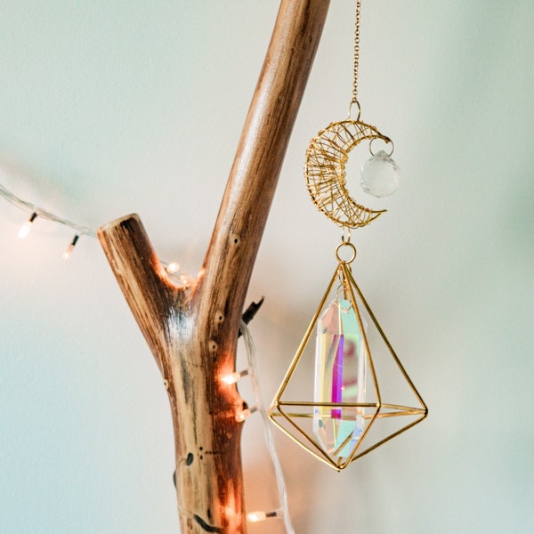 Suncatcher Moon Crystal, Window Prism Crystal, Light Catcher, Handmade Rainbow Maker, Window Hanging Crystal Suncatcher, Boho Room Decor