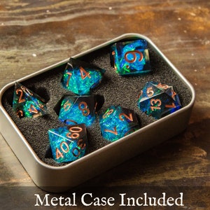 Crystal Galaxy Dice, Blue Violet Dice Set in Metal Case, dice set, Dice Set, Polyhedral Dice Set, Sharp edge dice, Role Playing Games image 2