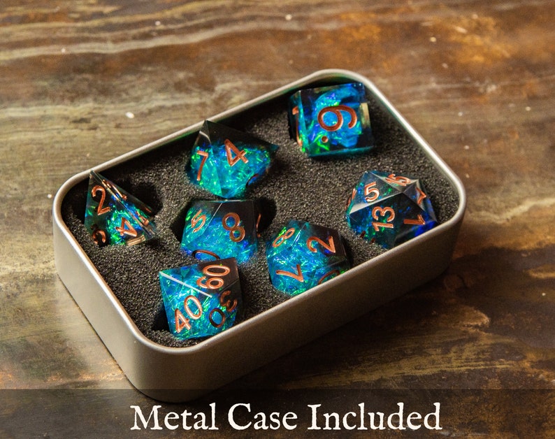 Crystal Galaxy Dice, Blue Violet Dice Set in Metal Case, dice set, Dice Set, Polyhedral Dice Set, Sharp edge dice, Role Playing Games image 2