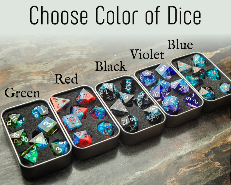 Crystal Galaxy Dice, Blue Violet Dice Set in Metal Case, dice set, Dice Set, Polyhedral Dice Set, Sharp edge dice, Role Playing Games image 3