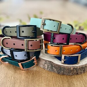 A collection of Biothane collars stacked on top of each other in a selection of colour choices. Shown in different colours of biothane and hardware, for you to design your own. All with a buckle, D-Ring. They have a soft leather appearance.