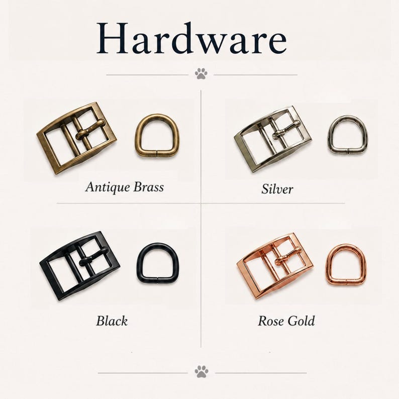 May include: A collection of metal hardware featuring four sets of buckles and D-rings in antique brass, silver, black, and rose gold finishes. The text Hardware is centered at the top, with labels Antique Brass, Silver, Black, and Rose Gold.