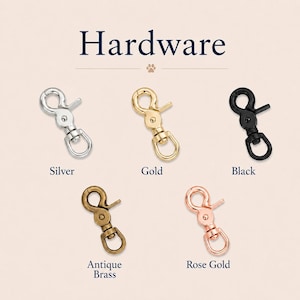 May include: Five metal swivel lobster claw clasps arranged in a display. The text Hardware is at the top. The finishes include silver, gold, black, antique brass, and rose gold. Each clasp features a spring-loaded gate and a rotating base.