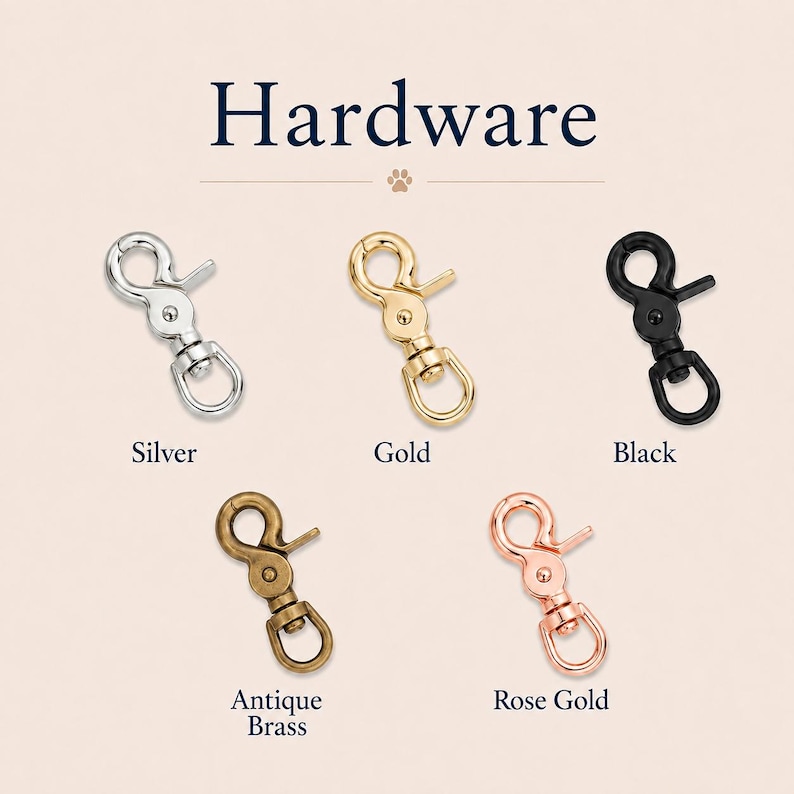 May include: Five metal swivel lobster claw clasps arranged in a display. The text Hardware is at the top. The finishes include silver, gold, black, antique brass, and rose gold. Each clasp features a spring-loaded gate and a rotating base.
