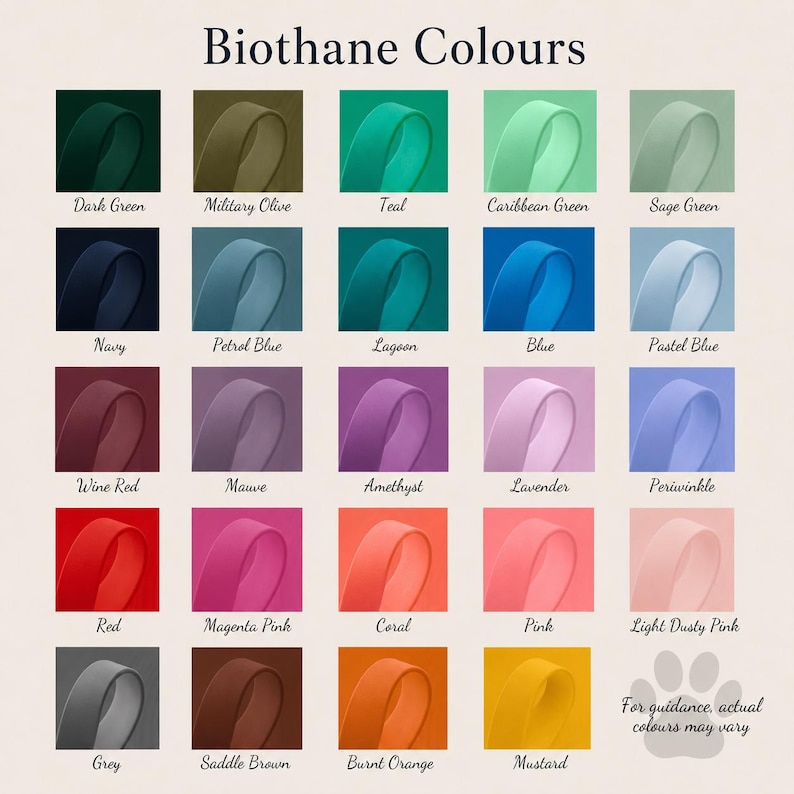 A colour chart of biothane colour swatches
