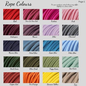 May include: A color chart titled Rope Colours displaying twenty swatches of braided cord in various shades including red, pink, purple, blue, green, orange, yellow, and tan. Each swatch is labeled with its specific color name below the image.