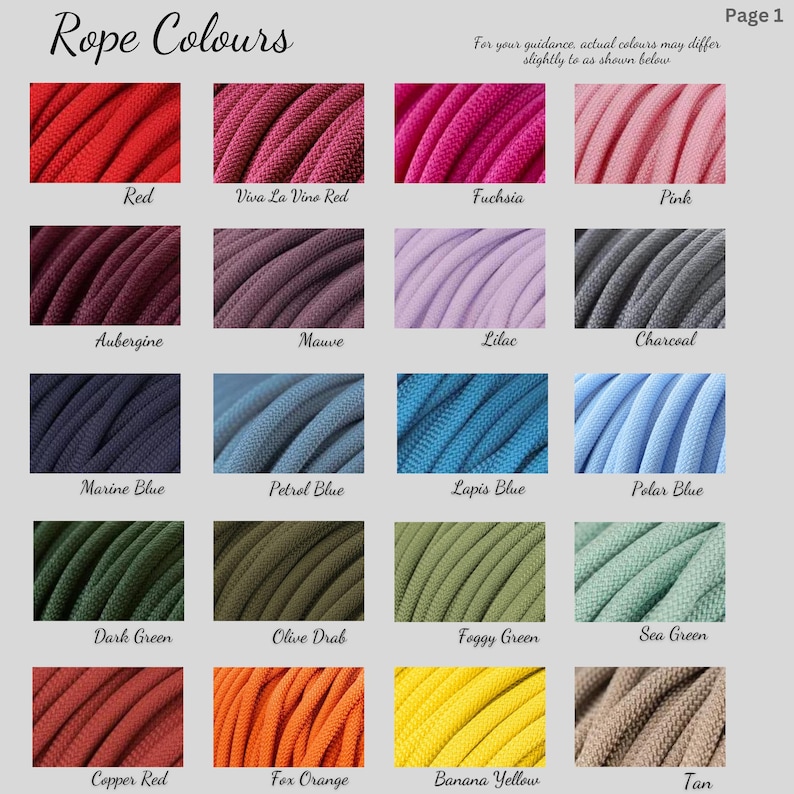 May include: A color chart titled Rope Colours displaying twenty swatches of braided cord in various shades including red, pink, purple, blue, green, orange, yellow, and tan. Each swatch is labeled with its specific color name below the image.
