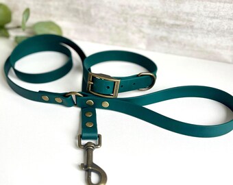 May include: A dark teal pet leash and collar set featuring smooth, matte-finish straps. The set includes a matching collar with a brass-toned metal buckle and a leash equipped with a brass-toned swivel snap hook, secured by matching metal rivets.
