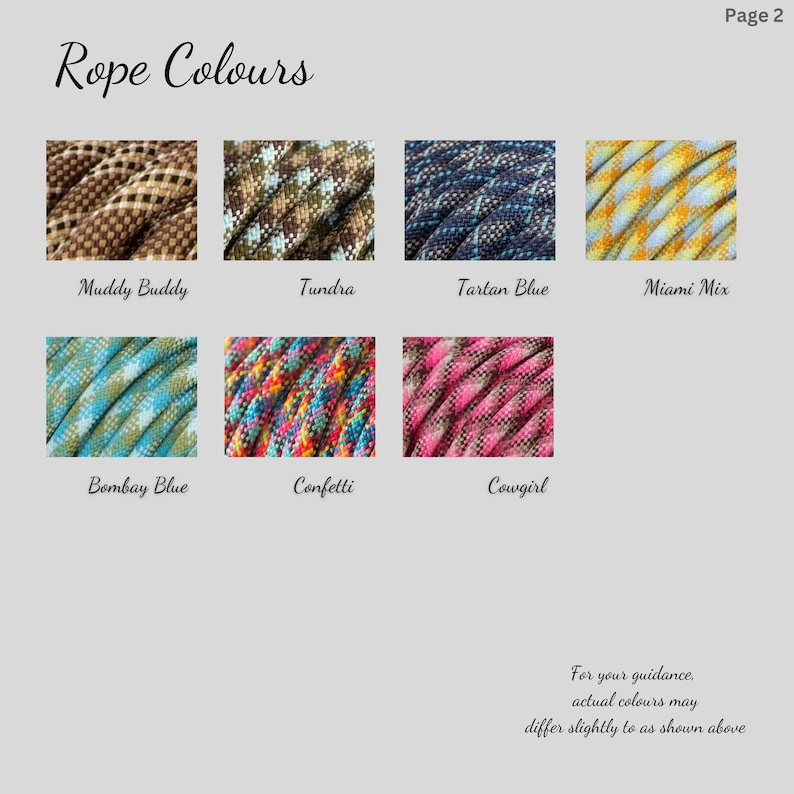 May include: A color chart titled Rope Colours displaying seven braided rope patterns labeled Muddy Buddy, Tundra, Tartan Blue, Miami Mix, Bombay Blue, Confetti, and Cowgirl. Each sample shows a distinct woven texture and color combination.