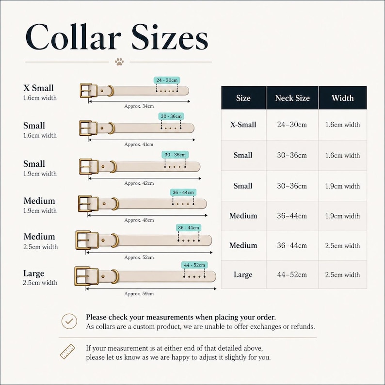 May include: A sizing chart for pet collars titled Collar Sizes, displaying six beige collars with gold buckles in sizes X-Small to Large. A table lists neck sizes from 24-52cm and widths of 1.6cm, 1.9cm, and 2.5cm. Text includes measurement instructions.