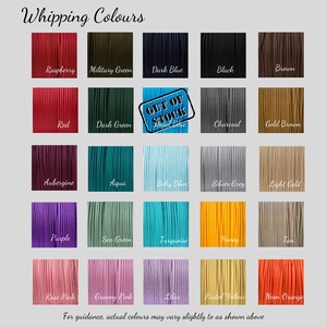 May include: A grid of twenty-five square swatches displaying various cord colors labeled Whipping Colours. Colors include raspberry, military green, dark blue, black, brown, red, dark green, royal blue marked out of stock, charcoal, gold brown, aubergine, aqua, baby blue, silver grey, light gold, purple, sea green, turquoise, honey, tan, rose pink, granny pink, lilac, pastel yellow, and neon orange.