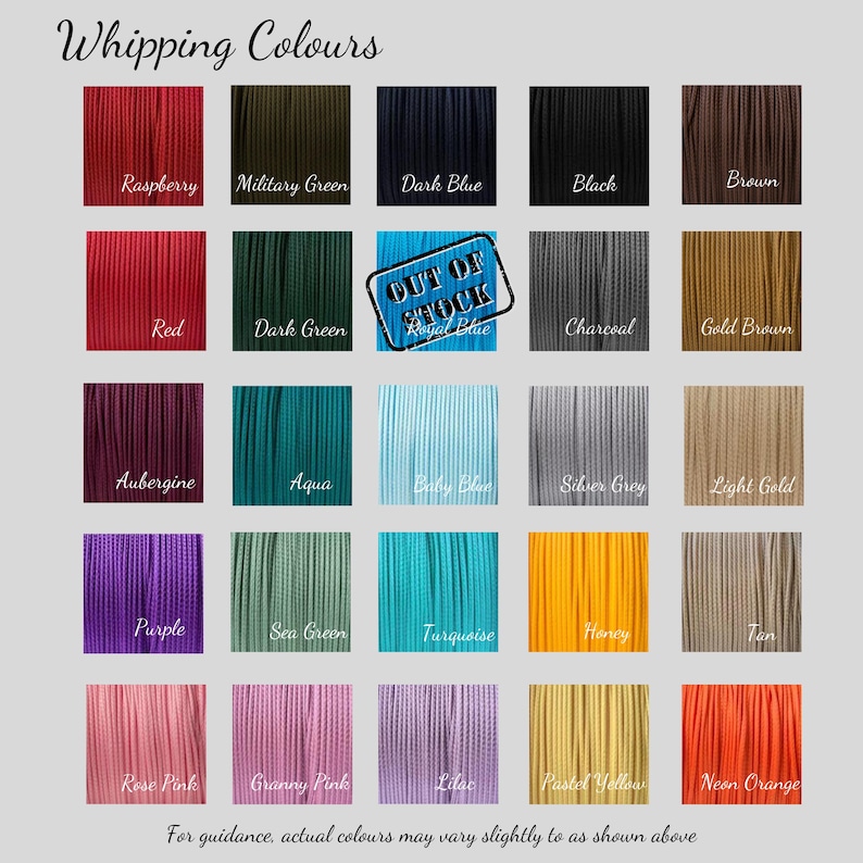 May include: A grid of twenty-five square swatches displaying various cord colors labeled Whipping Colours. Colors include raspberry, military green, dark blue, black, brown, red, dark green, royal blue marked out of stock, charcoal, gold brown, aubergine, aqua, baby blue, silver grey, light gold, purple, sea green, turquoise, honey, tan, rose pink, granny pink, lilac, pastel yellow, and neon orange.