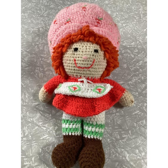 Hand Crocheted Strawberry Shortcake Doll Pink Hat Red Dress Green Stripes