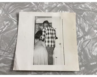 Vtg Black and White Photo Candid Domestic Scene Man in Plaid 3.5x3.5 Snapshot