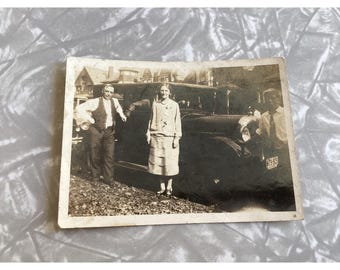 Antique Photo Vintage Couple Posed with Car 1920s 1930s Black and White Photo