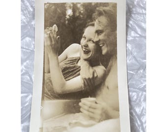 Vintage 1950s Found Photo Happy Laughing Couple Candid Snapshot Sepia Ephemera