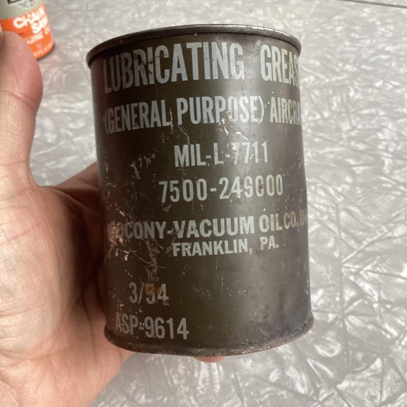Vintage 1954 Army Aircraft Lubricating Grease Can MIL L 7711 Socony Vacuum Oil image 1
