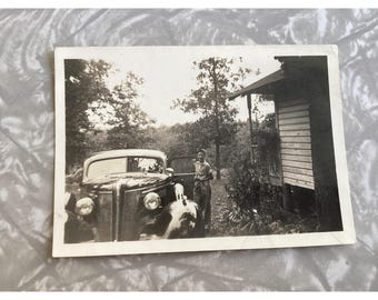 Vintage 1930s Photograph Young Boy Standing Next to Classic Car Outdoor Scene