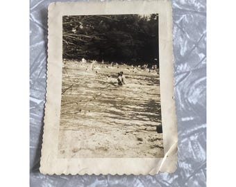 Vintage Beach Scene Black White Photo Deckle Edge 1950s Summer Swimming Snapshot