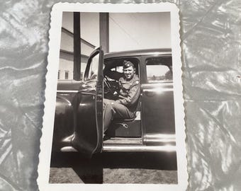 Vintage Photograph Man in Military Uniform Sitting in Car 1940s