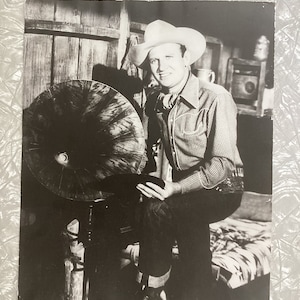 Vintage 11x14 Photo Gene Autry Holding Record With Victrola Phonograph Speaker Horn Singing Cowboy