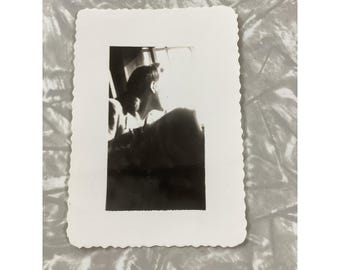 Vintage 1944 Black and White Snapshot Photo Deckle Edge Window Portrait WWII Era