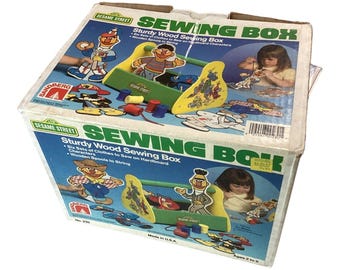 Vintage Sesame Street Sewing Box Wood Wooden Set 1988 With Extras