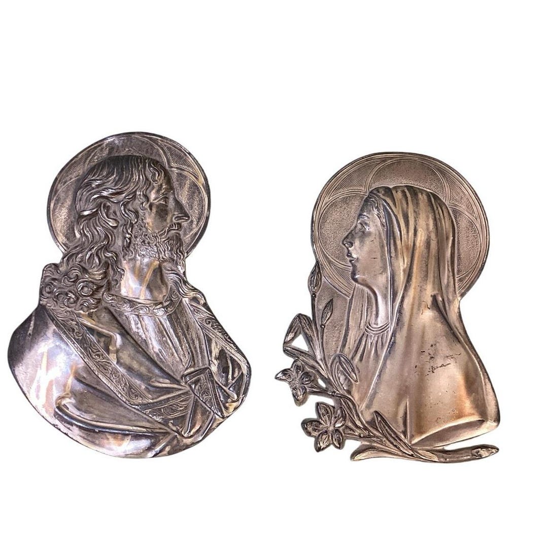 Vintage Metal Plaques Jesus Christ Virgin Mary Silver USA Religious ...