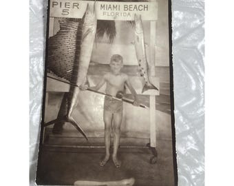 Vintage Miami Beach Pier 5 Florida Fishing Photo Boy Sailfish Catch 3.5x5 BW