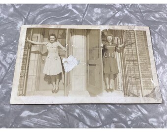 Vintage 1940s Snapshot Photo Two Women Posing in Doorways Fashion Sepia 4.5x2.75